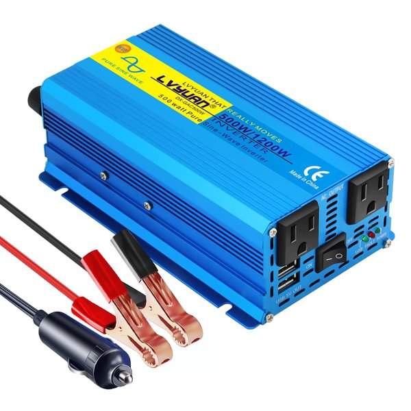 LVYUAN 500 watts 1000 (Peak) Pure Sine Wave Car Power Inverter 12V DC to 110V/120V AC Converter with 2 sockets and USB Port for Car Truck Family Solar System,RV, Truck,Road Trip