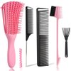 EZ Detangler Brush with Edge Brush, Rat Tail Combs Set for Natural, Curly, Wet/Dry, Black Hair, Flex Detangling Brush set for Hair Style and Cuting, No Pain and Easy Clean in Daily Use（Pink + Black)