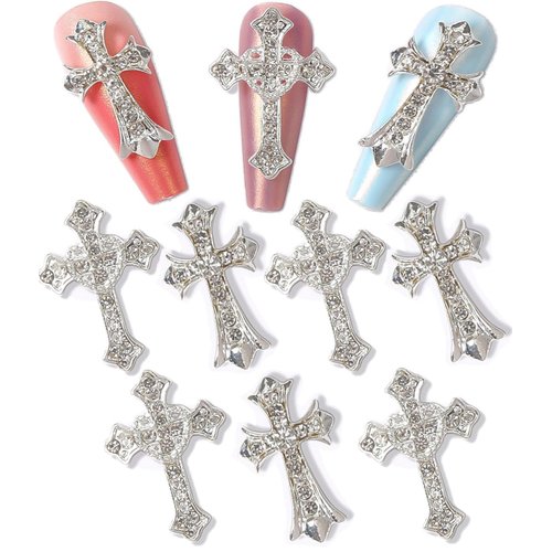 Cagzzee 3D Cross Nail Charms, Silver Crystal Cross Nail Decorations for Nail Art, 10Pcs, Metal Nail Art Rhinestones Cross Charms for DIY Designs Supplies (Silver)