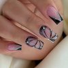 RikView French Tip Nails Square Press on Nails Medium Fake Nails Black Nails with Butterfly Design Glossy Nails 24 PCS