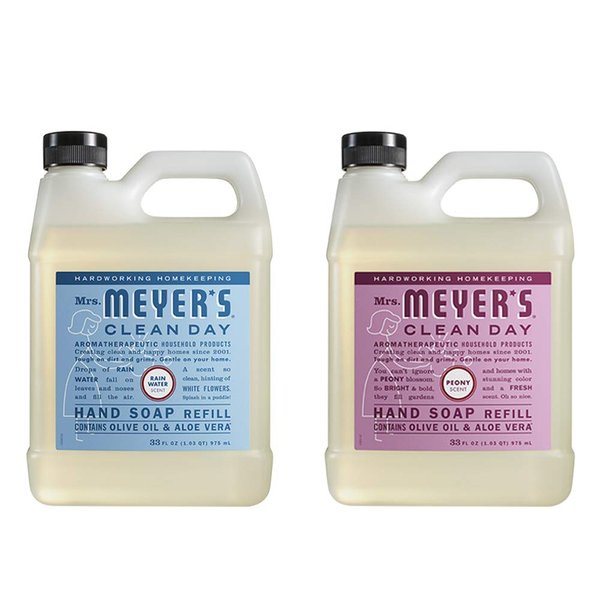Mrs. Meyers Clean Day Liquid Hand Soap Refill, 1 Pack Rain Water, 1 Pack Peony, 33 OZ each