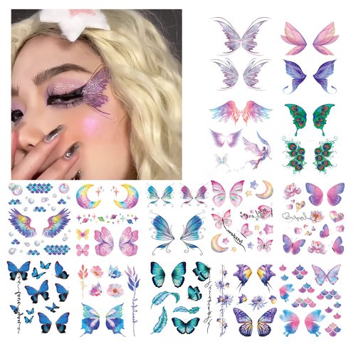 Glitter Butterfly Makeup Temporary Tattoo Stickers Colorful Butterflies Wings Fake Tattoos for Women Girls Festival Birthday Party Favors Face Eye Decoration Supplies (14 Packs)