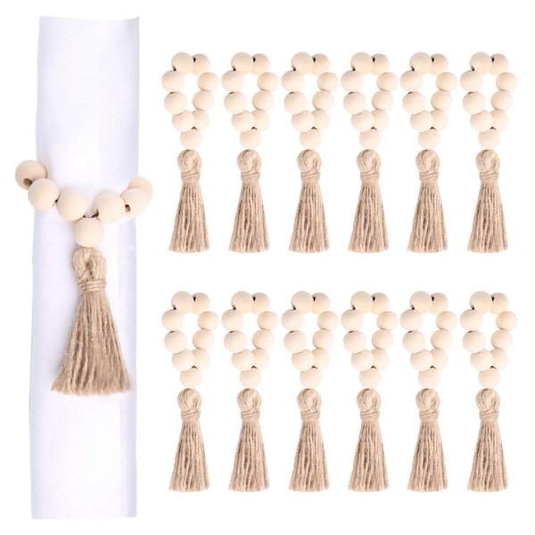 AEKAO Set of 12 Wood Bead Napkin Rings with Jute Rope Tassels for Christmas Farmhouse Wedding Home Dining Table Party Decoration