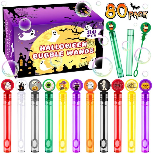 HINZER 80 Pack Halloween Party Favors Mini Bubble Wands Halloween Toys Gift for Kids Halloween Treats Non Candy Goodie Bag Fillers Pinata Stuffers Classroom Prizes Bubble Maker Toys for Boy Girl Kid