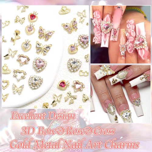 RODAKY 124PCS Gold Nail Charms 3D Butterfly Nail Gems Pink Crystal Heart Nail Art Jewelry Bow Charms for Acrylic Nails Glitter Cute Nail Decoration Metal Rose Cross Charms for Manicure Design
