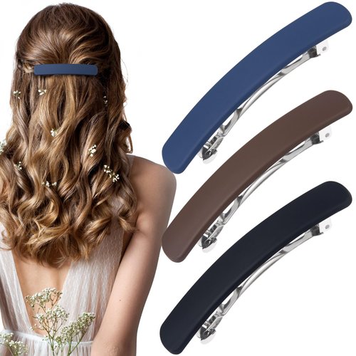HINZIC 3PCS Hair Barrettes for Women, Matte Medium French Clips for Girls Thin Fine Flat Short Hair Styling Vintage Hair Pins Accessories (Black Navy Brown)