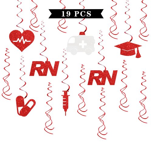Maicaiffe Nurse Graduation Hanging Swirl Decorations - Glitter 19 Pcs Congrats RN Party Supplies - Future Nurse Streamers - Medical Nursing School Graduation Foil Swirls Ceiling Decorations