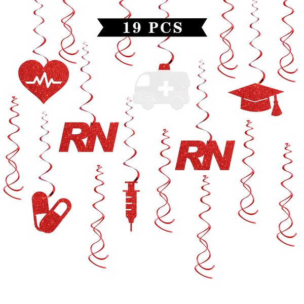 Maicaiffe Nurse Graduation Hanging Swirl Decorations - Glitter 19 Pcs Congrats RN Party Supplies - Future Nurse Streamers - Medical Nursing School Graduation Foil Swirls Ceiling Decorations