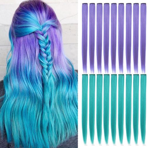 XIRRWWH 18 Pcs 21 Inch Colored Hair Extensions Clip in Kids, Teal Wigs Heat Resistant Straight Party High Gloss Multicolor Hair Accessories Gifts for Girls Women(Teal&Lavender)