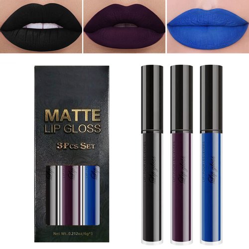 3Pcs Dark Red Black Blue Purple Pink Matte 24 Hour Liquid Lipstick Set Lip Gloss Stain Makeup Sets Waterproof Long Lasting Non Stick Cup Smudge Proof Liquid Matte Lipstick for Women (SetG)