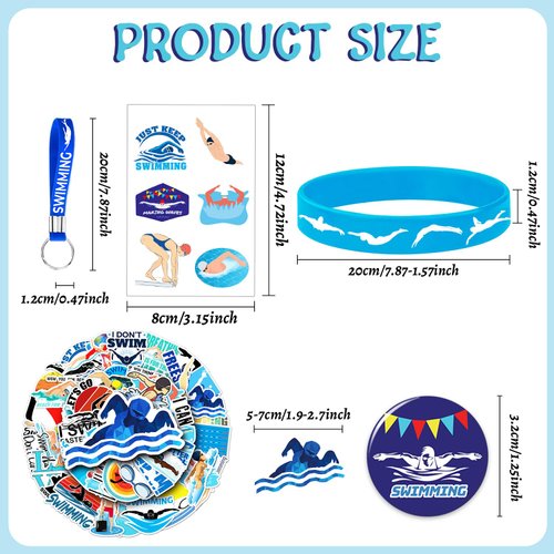 98 PCS Swimming Party Favors, Swimming Temporary Tattoos Badges Silicone Bracelets Stickers Keychains for Swimming Swim Team Sport Birthday Party Decorations Supplies Gifts for Swimmers Kids Teens