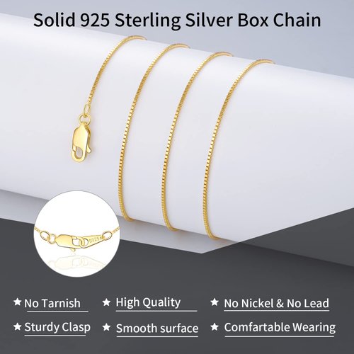 Jewlpire 18K Over Gold Chain Necklace for Women Girls - 0.8mm Box Chain 925 Sterling Silver Chain Super Thin & Sturdy Women's Chain Necklaces 18 Inch