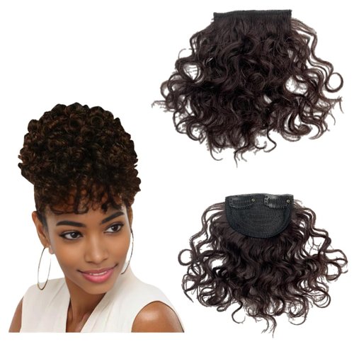 100% Human Hair Bangs Afro Curly Fringe Hair Bangs Fluffy Kinky Curly Human Hairpieces for Black Women Clip in on Hair Extensions (Dark Brown Color)