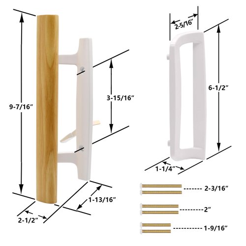 TPard Sliding Glass Patio Door Handle Replacement Set with Oak Wood Inside Handles and Zinc Diecast Outside Pull, 3-15/16" Hole Spacing, Non-Handed, White
