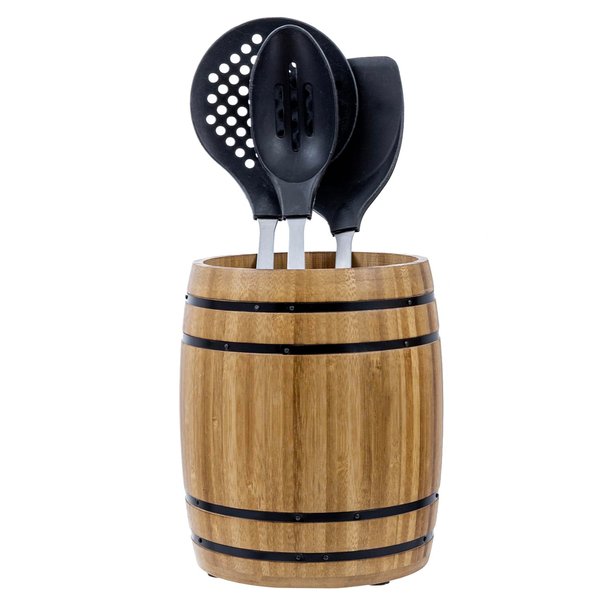 MyGift Wine Barrel Design Kitchen Utensil Crock, Light Brown Solid Bamboo Wood Cooking Tool Holder