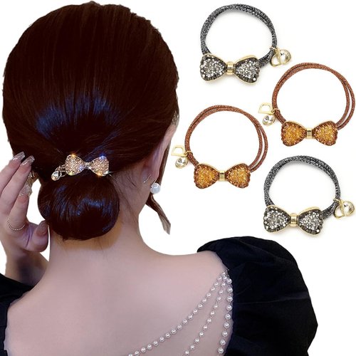 Petunny 4Pcs Rhinestone Bow Hair Ties Crystal Ponytail Holder Elastics Hair Ties Bling Bow Hair Scrunchies Bracelet Hair Ties for Women Girls