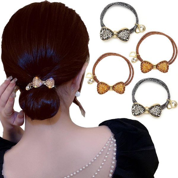 Petunny 4Pcs Rhinestone Bow Hair Ties Crystal Ponytail Holder Elastics Hair Ties Bling Bow Hair Scrunchies Bracelet Hair Ties for Women Girls