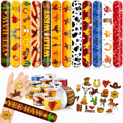48 Cowboy 24PCS Cowboy Temporary Tattoos Sticker 24PCS Slap Bracelets Perfect for Themed Birthday Party Favors Baby Showers or Classroom Rewards Ideal Decor and Gifts for Girls and Boys