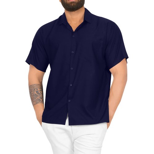 HAPPY BAY Mens Short Sleeve Button Down Solid Shirts Summer Shirt Dress Tops with Pocket Spread Collar Casual Camp Vacation Beach Shirts for Men 5XL Navy Plain