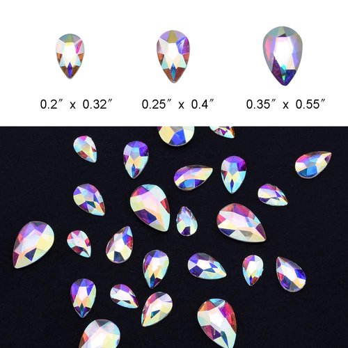 Tisslan 100pcs Crystal AB Foiled Pear Shape Flatback Rhinestone 3 Sizes Mix Nail Art Stones Decorations Jewels for DIY Supplies