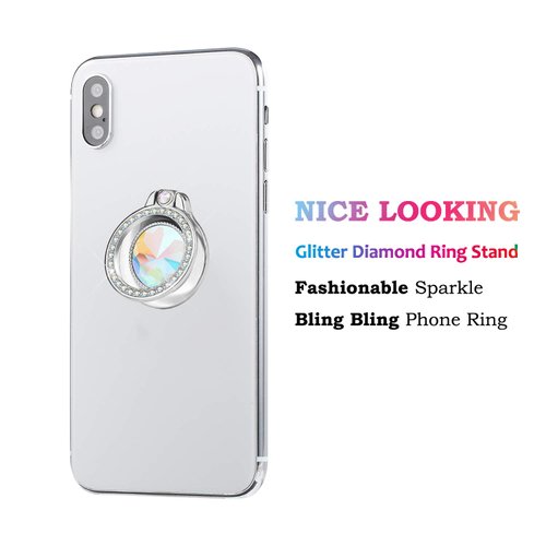 lenoup Glitter Bling Bling Phone Ring Holder,Sparkle Phone Ring Artificial Diamond Stand,Rhinestone Cell Phone Finger Ring for Phones, Pad (Silver)