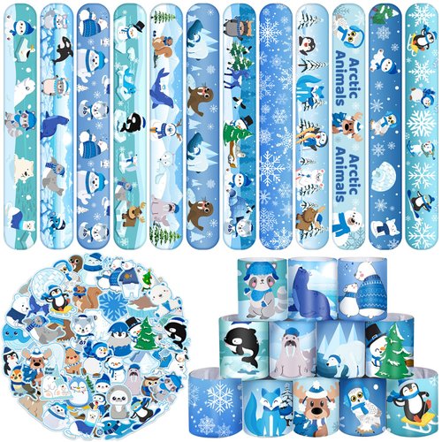 74 PCS Winter Arctic Animal Party Favors, 50 PCS Arctic Animal Stickers 24 PCS Arctic Animal Slap Bracelets Winter Arctic Polar Animal Birthday Party Decorations Supplies for Kids Classroom Rewards