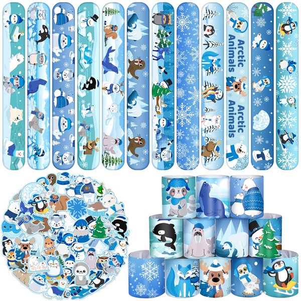 74 PCS Winter Arctic Animal Party Favors, 50 PCS Arctic Animal Stickers 24 PCS Arctic Animal Slap Bracelets Winter Arctic Polar Animal Birthday Party Decorations Supplies for Kids Classroom Rewards