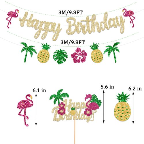 Glitter Tropical Happy Birthday Banner Luau Birthday Banner and Birthday Cake Toppers Flamingo Flower Banner for Summer Birthday Party Decorations Theme Baby Shower Supplies