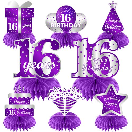 Purple Silver Sweet 16th Birthday Table Centerpiece Decorations for Girl Women, 8Pcs 16 Years old Birthday Table Party Supplies, Sixteen Birthday Table Topper Decor
