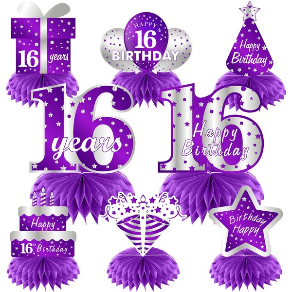 Purple Silver Sweet 16th Birthday Table Centerpiece Decorations for Girl Women, 8Pcs 16 Years old Birthday Table Party Supplies, Sixteen Birthday Table Topper Decor