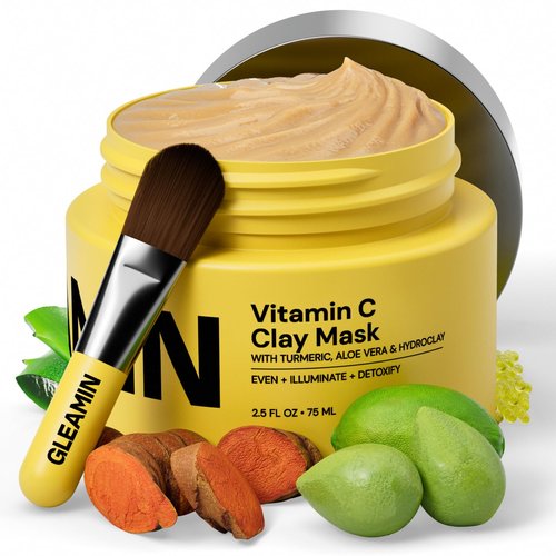 Gleamin Vitamin C Clay Mask for Dark Spots,10-Minutes Turmeric Clay Face Mask Skin Care, Deep Cleansing Pores - Facial Improves Uneven Tone, Post-Blemish, Visibly Brighten, Scarring & Texture - 2.5 Oz