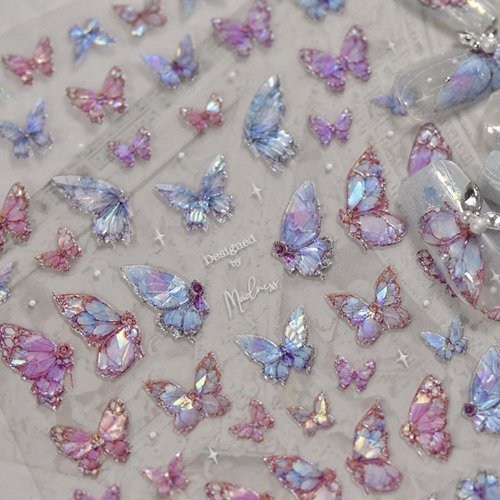 BYNYTO 5D Embossed Nail Art Stickers Decals Self Adhesive Nail Decals Purple Pink Butterfly Shell Light Design Nail Stickers Manicure Sliders for Women DIY Nail Art Decorations (11.Rose Butterfly)