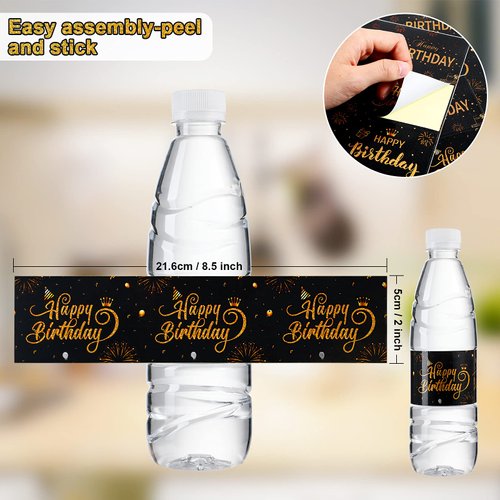 30 Pieces Black and Gold Happy Birthday Party Water Bottle Labels, Birthday Waterproof Water Bottle Wrapper Labels Personalized Bottle Decorations Stickers for Girls Boys Women Men Birthday Supplies