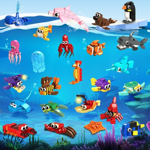 HOGOKIDS 24 Pack Party Favors for Kids Building Set - 629PCS Marine Animals Building Blocks Toy for Goodie Bag Stuffers Classroom Prizes, Valentines Day Easter Birthday Gift for Boys Girls Ages 6-12