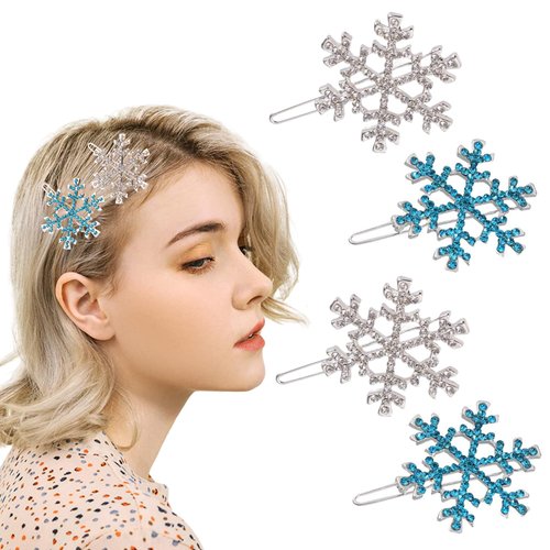 Snowflake Hair Clips Blue White Christmas Hair Accessories Winter Holiday Rhinestone Crystal Hairpins for Women Xmas Hair Decorations 4Pcs (Blue Silver)