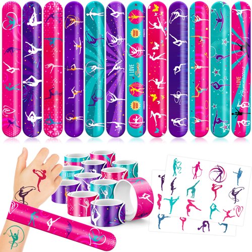 48PCS Gymnastics Party Favors - 24 Tattoos & 24 Slap Bracelets, Perfect for Gymnastics-Themed Birthdays, School Prizes, and Christmas Rewards for Kids