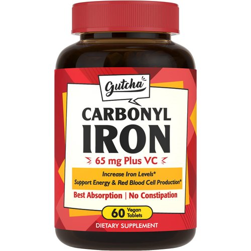 Gutcha Iron Supplement, 65 mg, Carbonyl Iron Plus Vitamin C, Energy & Blood Support for Women & Men, Better Absorption, Gentle on The Stomach, No Nausea, No Constipation, Vegan, Non-GMO, 60 Ct
