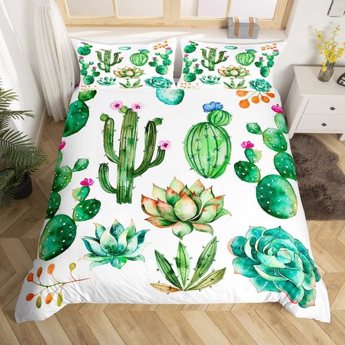 Feelyou Bright Cactus Printed Bedding Set King for Girls Boys Green Plants Succulents Bedding Duvet Cover Kids Teen Nature Art Soft Microfiber Bedroom Decorative 3 Piece Comforter Cover Chic