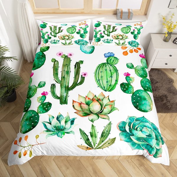 Feelyou Bright Cactus Printed Bedding Set King for Girls Boys Green Plants Succulents Bedding Duvet Cover Kids Teen Nature Art Soft Microfiber Bedroom Decorative 3 Piece Comforter Cover Chic