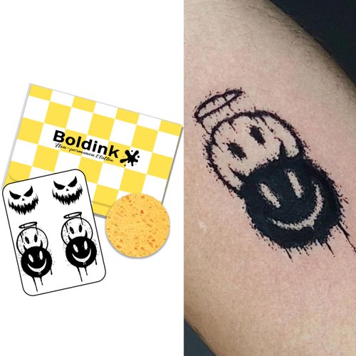 Boldink Temporary Tattoos, semi permanent tattoos, 15-day long lasting tattoo sticker, waterproof and anti-reflective, unique design（Devil Smiley Face）