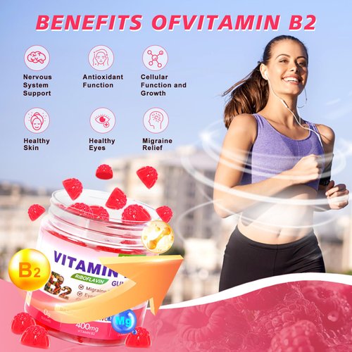 Vitamin B2 Gummies Riboflavin 400mg Supplement with Magnesium for Kids & Adults B2 Gummies for Migraine Relief, Headache Relief & Nervous System Support, Vegan, Sugar-Free, Raspberry Flavor 90 Count