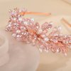 Teyglen Bridal Wedding Crystal Headband Pink Rhinestone Pearl Beads Headband Hair Crown Handmade Leaf Headpiece Hair Accessories for Women Party Prom (Pink)