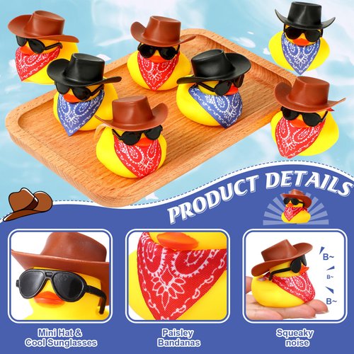 24 Set Cowboy Rubber Duck Mini Yellow Duckies Bath Party Toy Tiny Ducks Bathtub Toy with Cowboy Hat Paisley Bandanas Sunglasses for Summer Baby Shower Birthday Swimming Party Favor (Vintage Style)