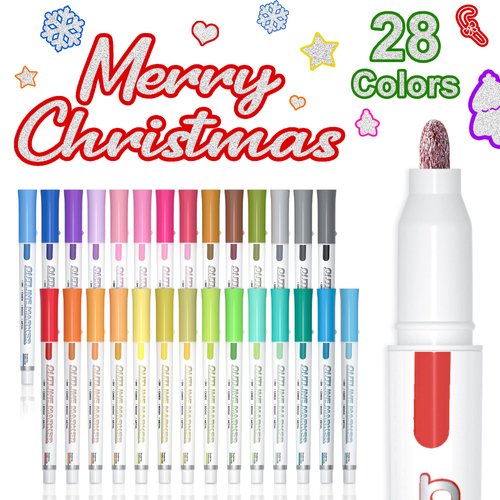 Shuttle Art Double Line Outline Permanent Markers, 28 Colors Squiggles Shimmer Markers Set, Self Outline Metallic Marker Pens for Art, Drawing, Doodling, Card Making, Christmas Card, DIY Crafts