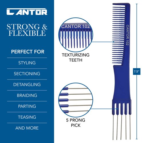 Lift Teasing Comb and Hair Pick – 5 Pack, Five Stainless Still Lifts - Chemical and Heat Resistant Detangler Styling Comb – Anti Static Comb For All Hair Types – By Cantor