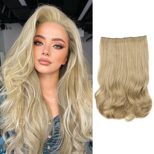 HANNE 20 Inch Hair Extensions Halo Wavy Hair Extensions V-Shaped Halo Hair Long Blonde Invisible Wire Hair Extensions Blonde Halo Hair Extension for Women with 4 Clips (6 Mixed Blonde)