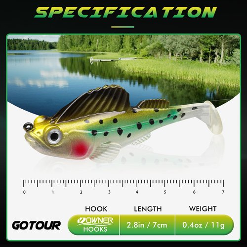 GOTOUR Fishing Lures Bass Lures Pre-Rigged Jig Head Paddle Tail Swimbaits, Weedless Soft Plastic Fishing Lures for Freshwater Saltwater, Soft Lures for Bass Trout Walleye, Fishing Gifts for Men