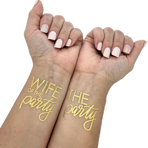 Tats4Now/ Wife of the party gold bachelorette party favor tattoos, Fun bachelorette temporary tattoos for the group and wife to be. Premium Quality, NO cutting, Free heart Sponge included