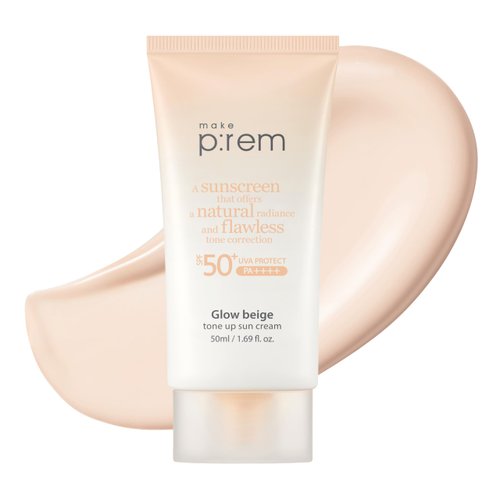 MAKE P:REM Glow Beige Tone Up Sun Cream, 1.69 Fl. Oz, 50ml, Skin Tone/Texture/Glow Care, Skin Tone Correction