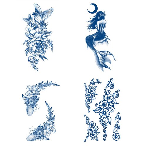 Aresvns Dark Blue Mermaid Floral Shark Waterproof Temporary Tattoos, 1-2 Weeks, 4 Count